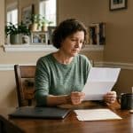 Personal Loan Denied? What Your Adverse Action Notice Means An adult reads a letter at a dining table beside a closed laptop and folder.