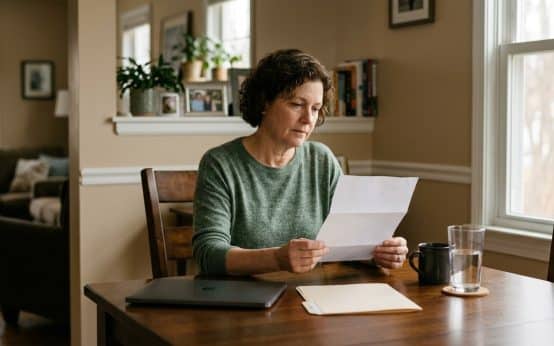 An adult reads a letter at a dining table beside a closed laptop and folder.