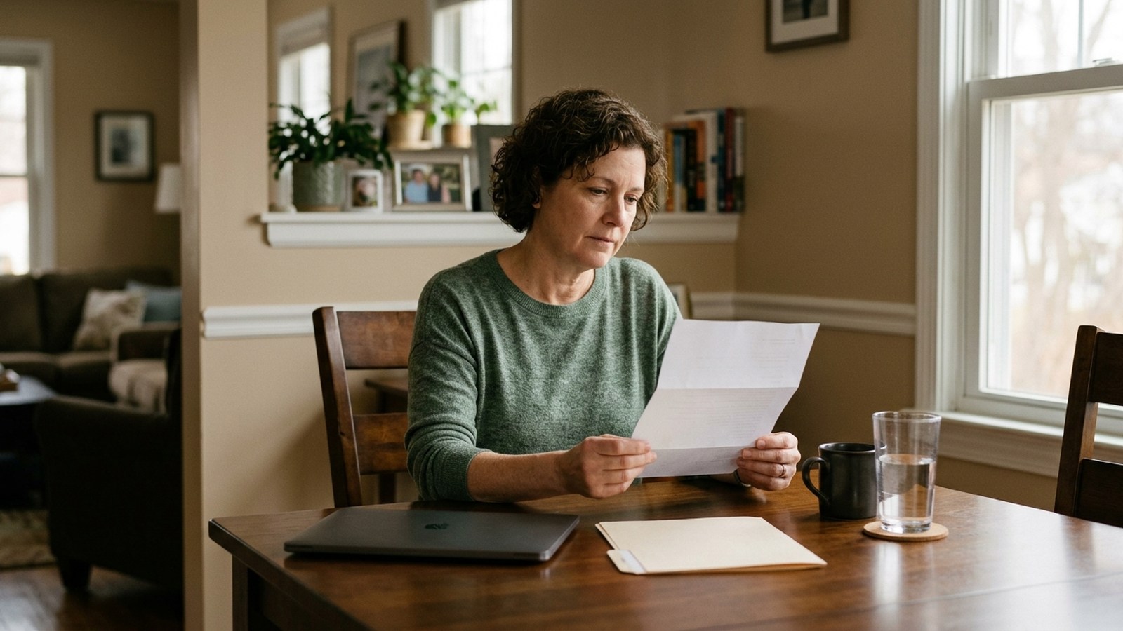 An adult reads a letter at a dining table beside a closed laptop and folder.
