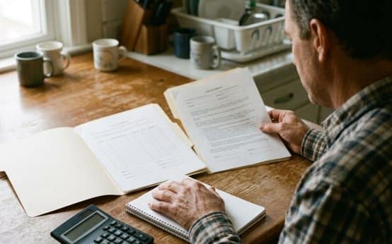 An adult compares paperwork beside a calculator at a kitchen table.