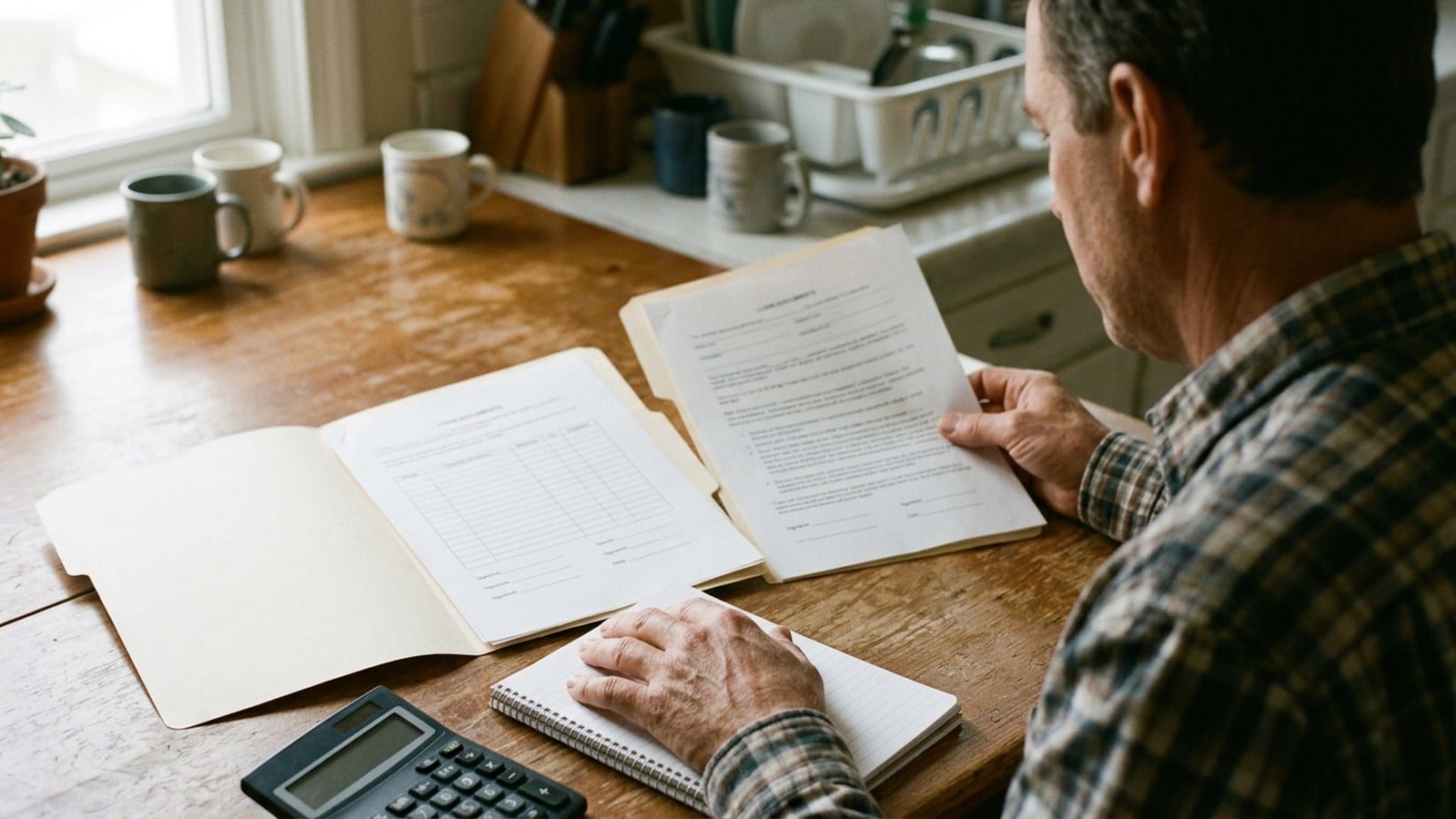 An adult compares paperwork beside a calculator at a kitchen table.