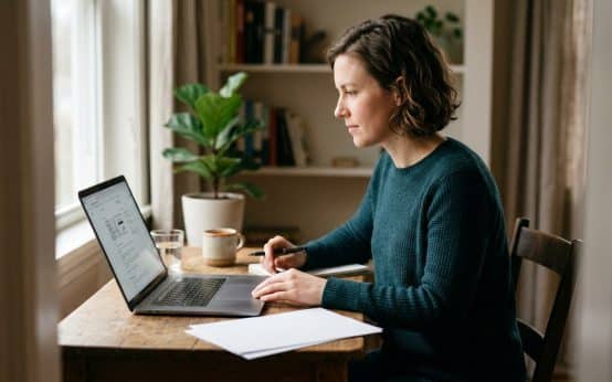 An adult uses a laptop with paperwork and a pen on a home office desk.
