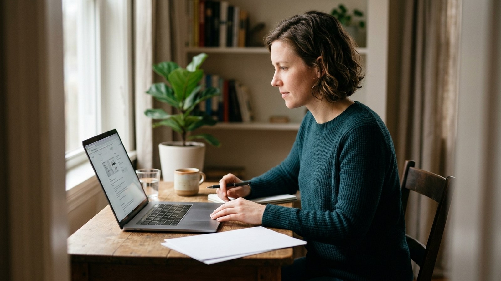 An adult uses a laptop with paperwork and a pen on a home office desk.